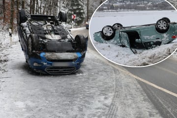 Wintereinbruch im Erzgebirge: Zwei Autos landen auf dem Dach