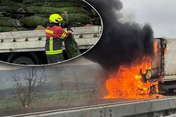 Unfall A38: Weihnachtsbaum-Truck fackelt ab: A38 Richtung Leipzig stundenlang dicht