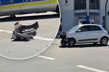 Unfall in Chemnitz: Front von Renault fliegt ab