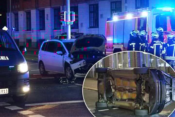 Auto kippt nach Kreuzungscrash auf Seite: Prager Straße voll gesperrt