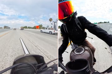 Biker stoppt sofort sein Motorrad als er sieht, was vor ihm auf der Autobahn liegt