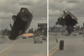 Kia schießt bei Unfall in die Luft und fliegt über die Autobahn