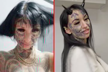 Body mod fanatic covers entire body in radical tattoos and has devil horns implanted in her skull