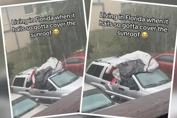 Verzweifelte Aktion: Mann versucht Auto auf skurrile Art vor Hagel zu schützen