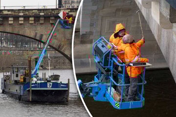 Dresden: Prüfung von Augustusbrücke gestartet: Schiff und Hubsteiger im Einsatz