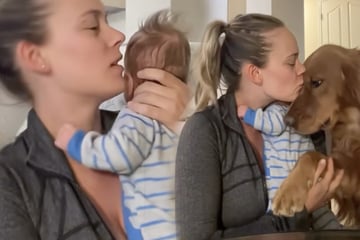 Frau hält weinendes Baby im Arm: Was ihr Golden Retriever dann versucht, lässt Herzen schmelzen