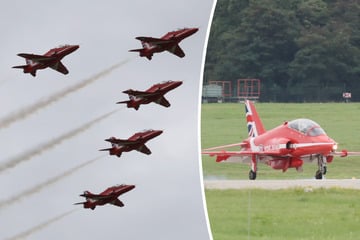 Dresden: Spektakel am Flughafen: Neun rote Jets in Dresden gelandet
