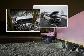 Schneefall sorgt für Unfälle in Sachsen: Lkw steht quer, Transporter landet im Teich