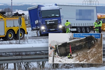 Unfall A4: Unfälle nach Wintereinbruch in Sachsen: Laster blockiert A4-Auffahrt, Transporter überschlägt sich