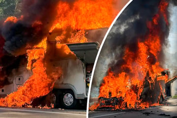 Unfall A8: Flammeninferno auf der A8: Wohnmobil brennt komplett aus