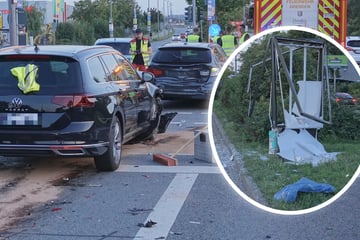 Passat crashes into billboard and two cars: pile of broken glass in Mickten