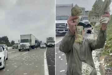 Armored truck makes it rain on San Diego freeway as drivers rake in the cash!
