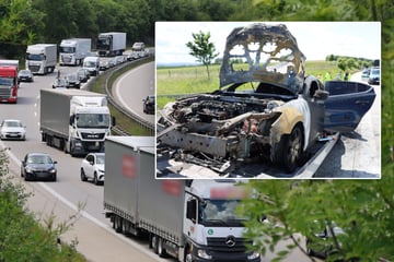 Unfall A72: Stau auf A72 in Sachsen: Mazda fackelt komplett ab