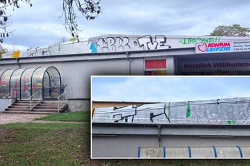 Leipzig: Lok-Fans übersprühen Chemie-Graffiti an Konsum-Dach: Dumm nur, dass sie nicht fertig werden