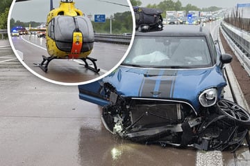 Unfall A9: Hubschrauber landet auf A9: Drei Verletzte bei Mini-Cooper-Crash nahe Leipzig