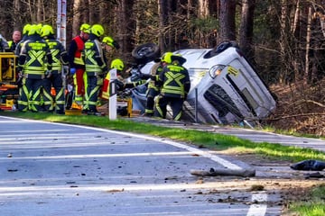 Grünstreifen verwüstet und überschlagen: Transporter-Fahrer muss aus Wrack befreit werden