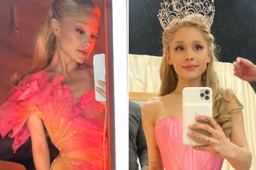 Ariana Grande gives fans a peek at her Glinda glow-up on the Wicked set