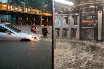 East Coast hit by flooding as deluge of rain causes chaos at airports and subways