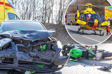 Schwerer Biker-Unfall im Erzgebirge: Rettungshubschrauber im Einsatz, Straße gesperrt