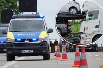 Unfall A4: Lkw-Crash auf A4 bei Dresden: Autotransporter von Lastern eingeklemmt
