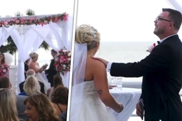 Weinender Bräutigam bricht plötzlich in Gelächter aus, als er sieht, was seiner Braut passiert ist