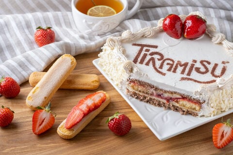Tiramisu-Torte garniert mit Erdbeeren und einer Tasse Tee im Hintergrund und Löffelbiskuit.