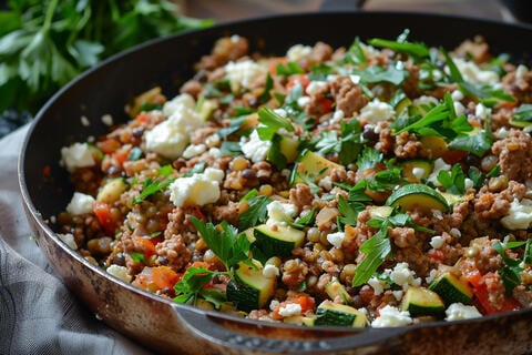 Hackfleisch-Linsen-Pfanne mit Zucchini und Feta