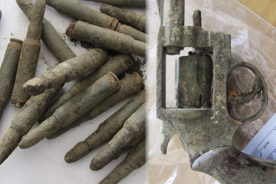 Übungsmunition und ein Schreckschuss-Revolver lagen in dem Löschteich in Haina.