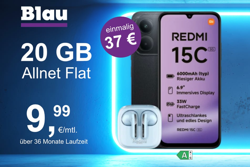 Das Xiaomi Redmi 15C + Buds 6 Active im Blau Allnet M für einmalig 37 Euro.