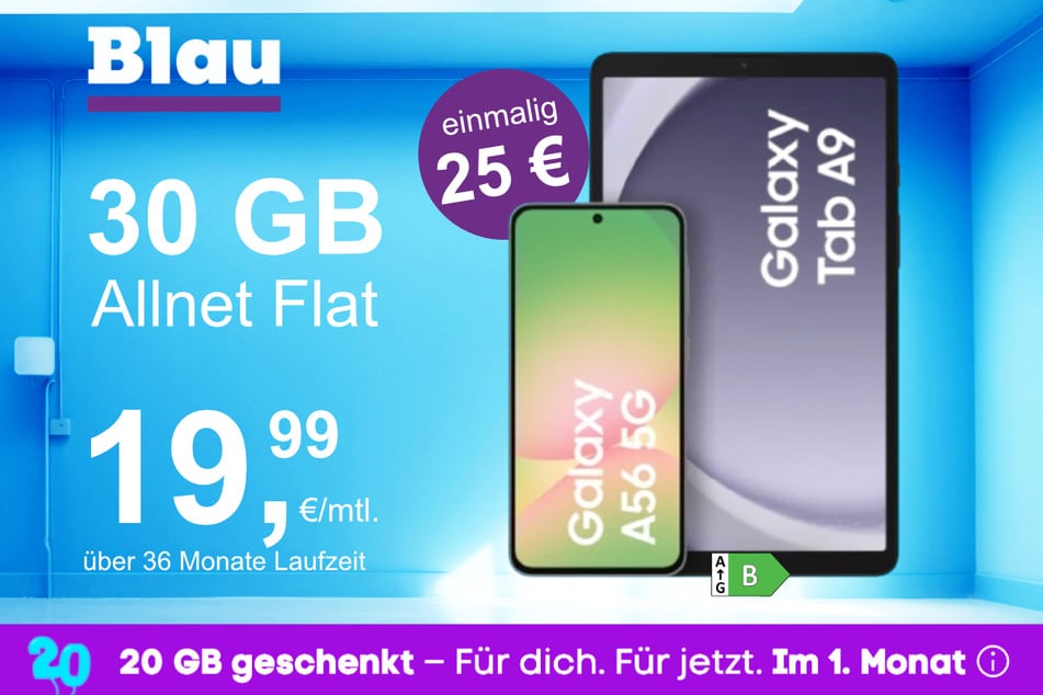 Das Samsung Galaxy A56 + Tab A9 im Blau Allnet L für einmalig 25 Euro.