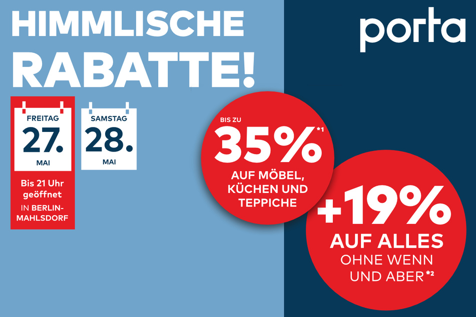 >> Angebote nur am 27.+28.5. im porta-Einrichtungshaus in Berlin-Mahlsdorf gültig.