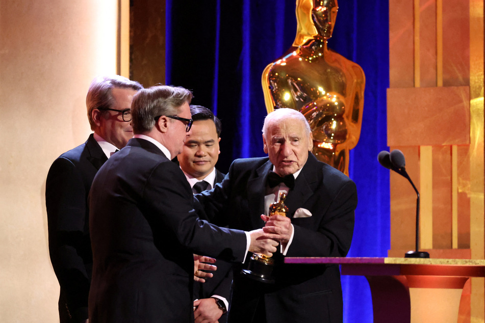 Mel Brooks accepts his honorary Oscar during the 14th Governors Awards in Los Angeles, California, on January 9, 2024.