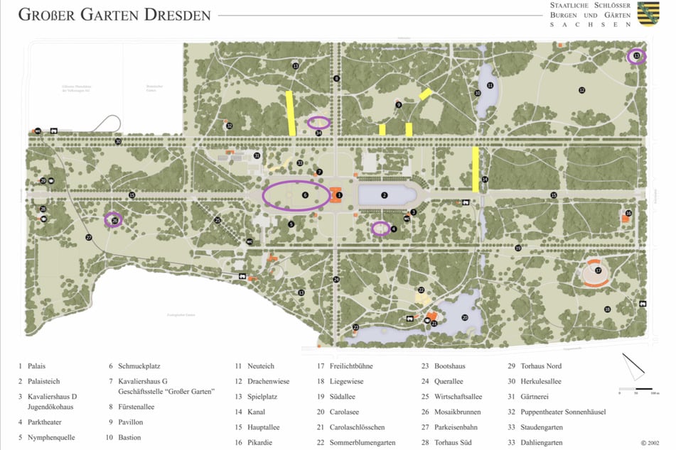 Gelb eingezeichnete Sperrungen gelten längerfristig, in lilafarbenen Bereichen müssen Besucher des Großen Gartens mit tageweisen Sperrungen rechnen.