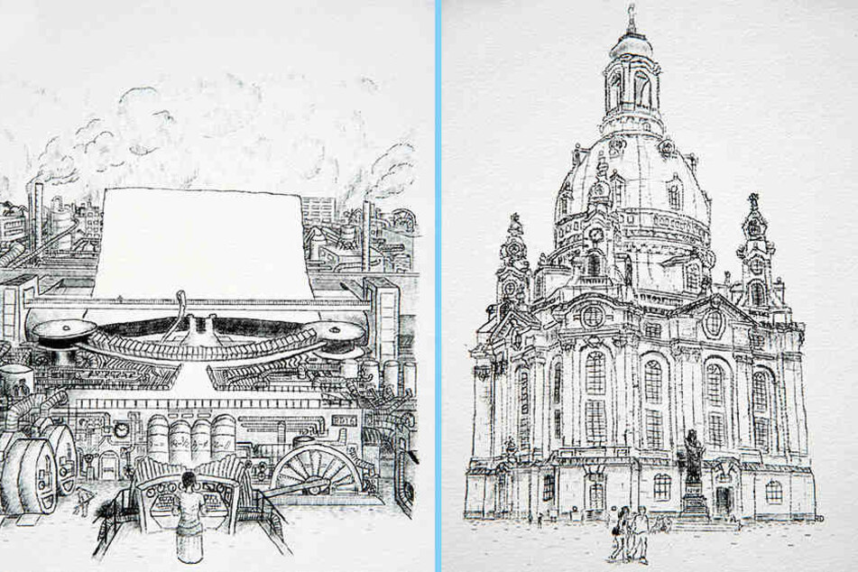 Eine Schreibmaschine, dargestellt wie eine Orgel, gemalt von einer anderen Schreibmaschine (F.l.). Fast nicht zu glauben, aber dieses Bild der Dresdner Frauenkirche wurde tatsächlich mit der Schreibmaschine erstellt (F.r.).