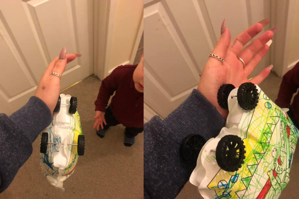 Die Schockbilder zeigen, wie das Spielzeug-Auto an der Hand der jungen Mutter steckt.
