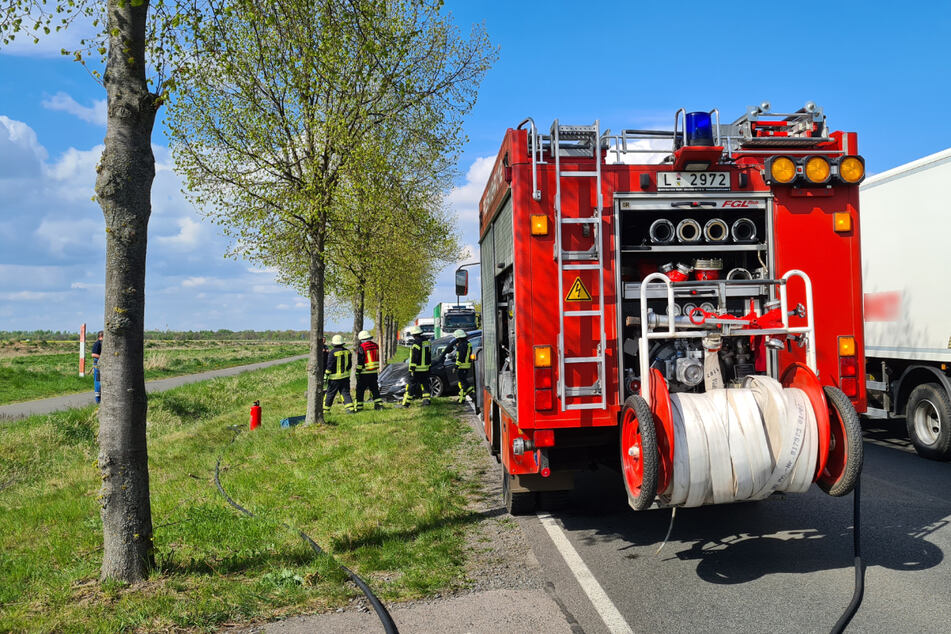 Polizei und Feuerwehr waren am Dienstagnachmittag im Nordwesten von Leipzig im Einsatz, nachdem ein Renault gegen zwei Bäume gekracht war.