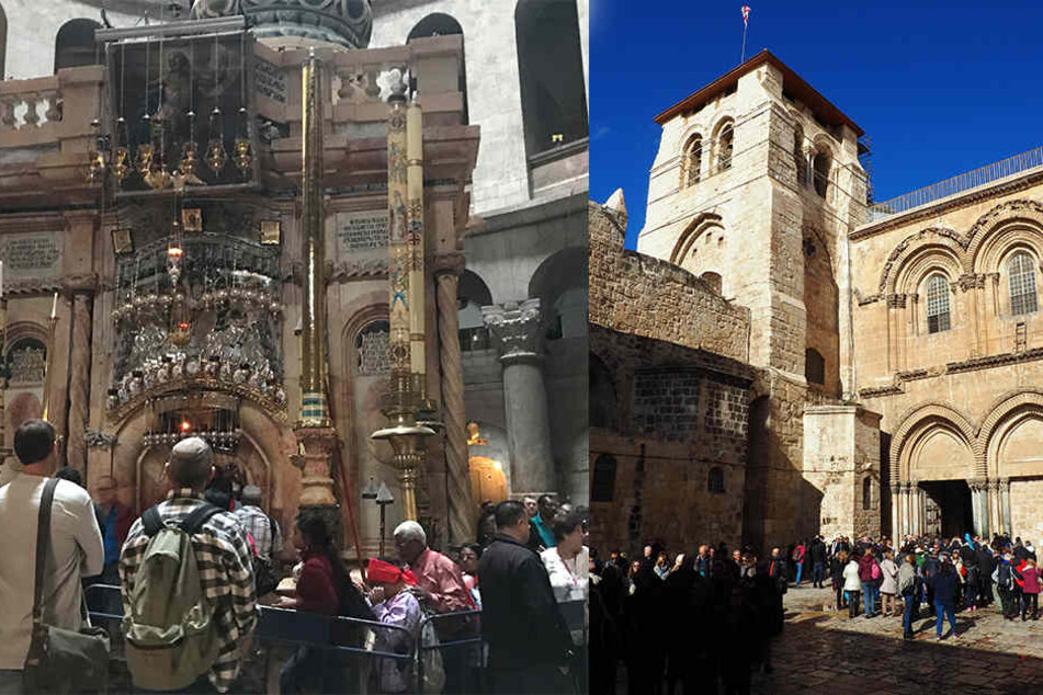 links: Christliche Pilger warten am 22.12.2017 in der Grabeskirche in Jerusalem vor der Grabkapelle. rechts: Gläubige und Touristen besuchen die Grabeskirche, die heiligste Stätte für Christen weltweit.