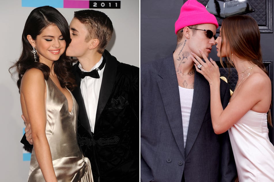 Selena Gomez (l) and Justin Bieber (c) dated on and off for eight years before Justin wed Hailey Bieber in 2018.