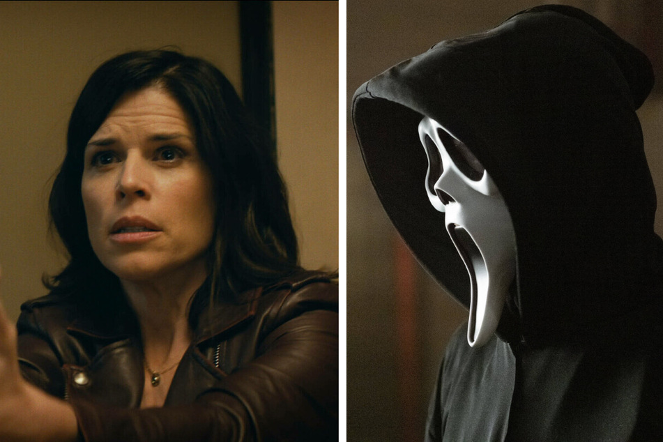 Neve Campbell reprises her iconic role as Sydney Prescott (l.) and is still battling Ghostface (r.) in the fifth Scream film.