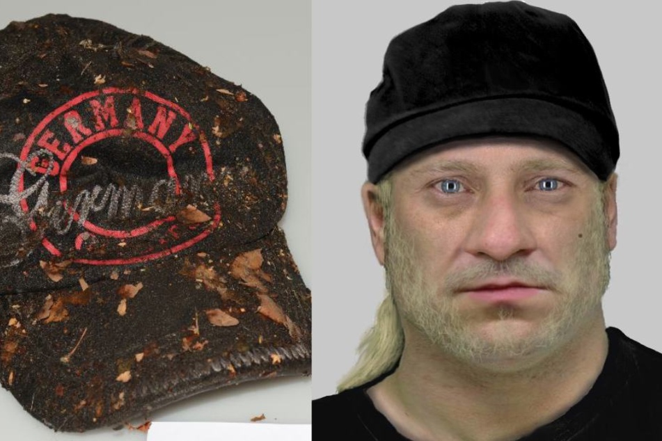 Die Polizei sucht diesen Mann. Links: die gefundene Kappe des Tatverdächtigen.