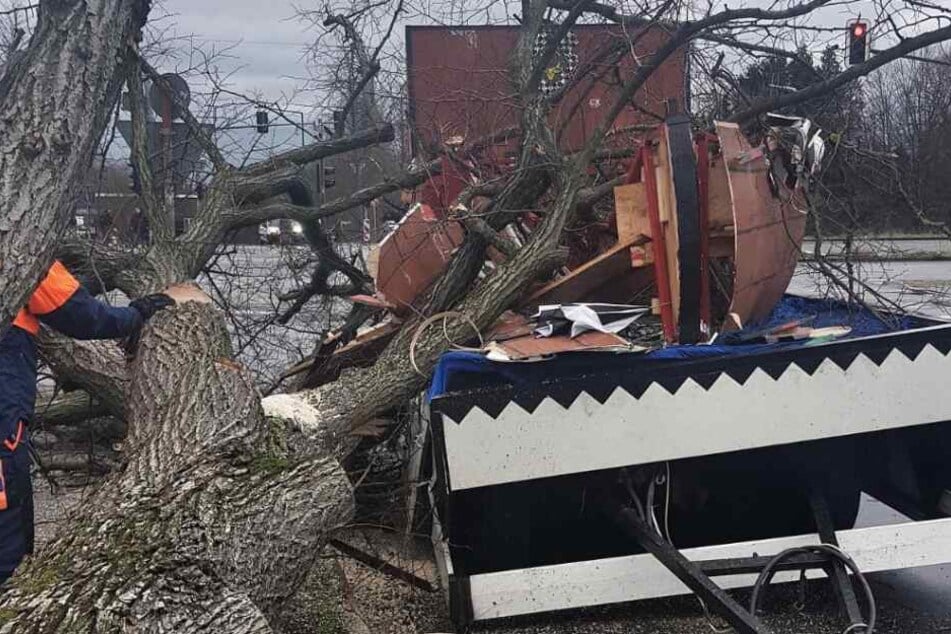 Der Baum krachte auf den unbesetzten Karnevalswagen und zerstörte ihn.