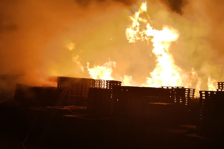 Meterhohe Flammen schlagen aus der Industriehalle empor.
