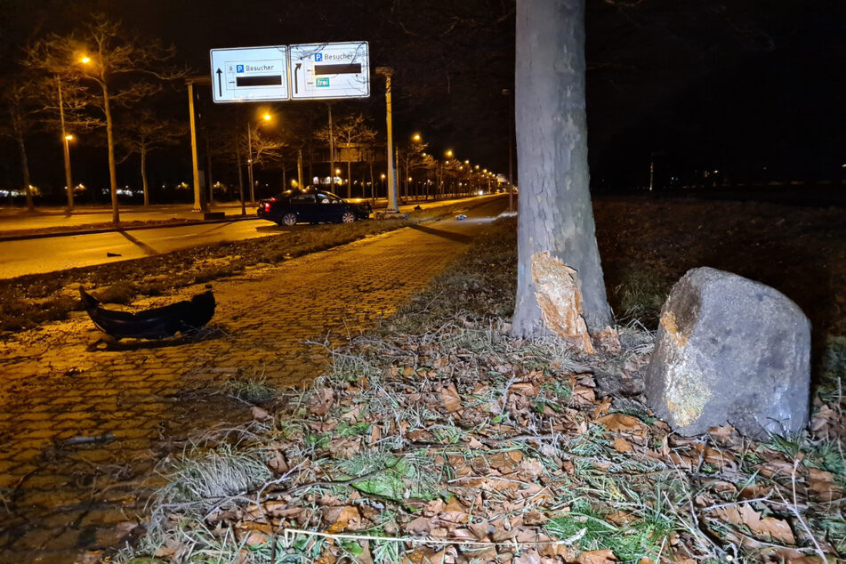 Zuerst war der Skoda gegen diesen Findling gekracht, der daraufhin gegen einen Baum geschleudert wurde.
