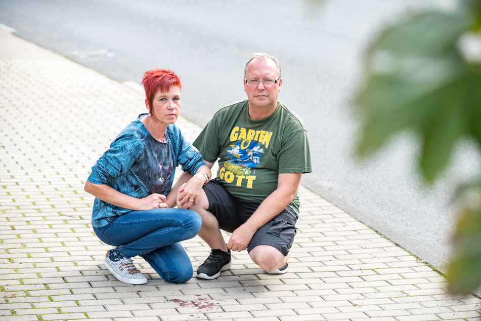 Die beiden Tierfreunde sind fassungslos: Sylvia (50) und Rico Wolf (53) an der Stelle, wo ihre "Emily" überfahren wurde.