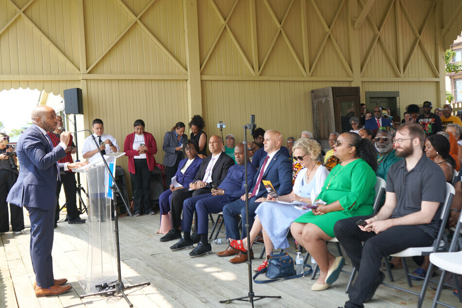 New Jersey Reparations Council Convenor Jean-Pierre Brutus speaks during the official launch in Perth Amboy on Juneteenth 2023.