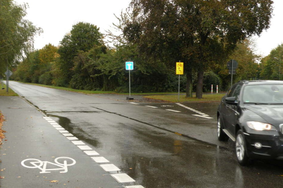Ein Auto schießt aus der Mölkauer Straße.