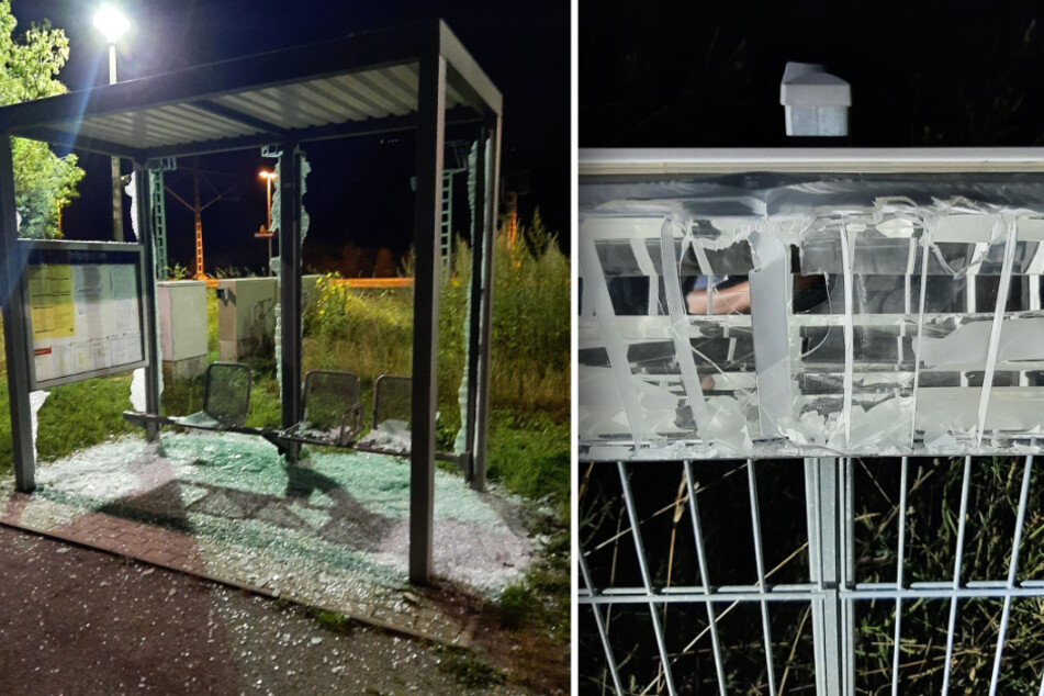Sinnlos-Zerstörungen am Bahnhof Mehltheuer im Vogtland: Chaoten zerlegten das Wartehäuschen, zerschlugen zudem einige Lampen (rechts).