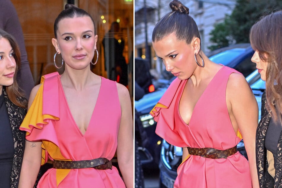 Millie Bobby Brown rocked a pink-and-orange dress for Tuesday's Louis Vuitton show at Paris Fashion Week.