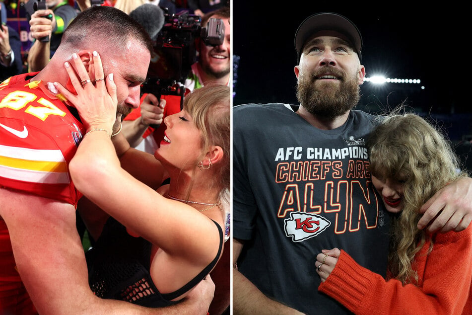 Taylor Swift (r.) and Travis Kelce are said to be "very, very happy together" as the A-list lovebirds' first anniversary quickly approaches.