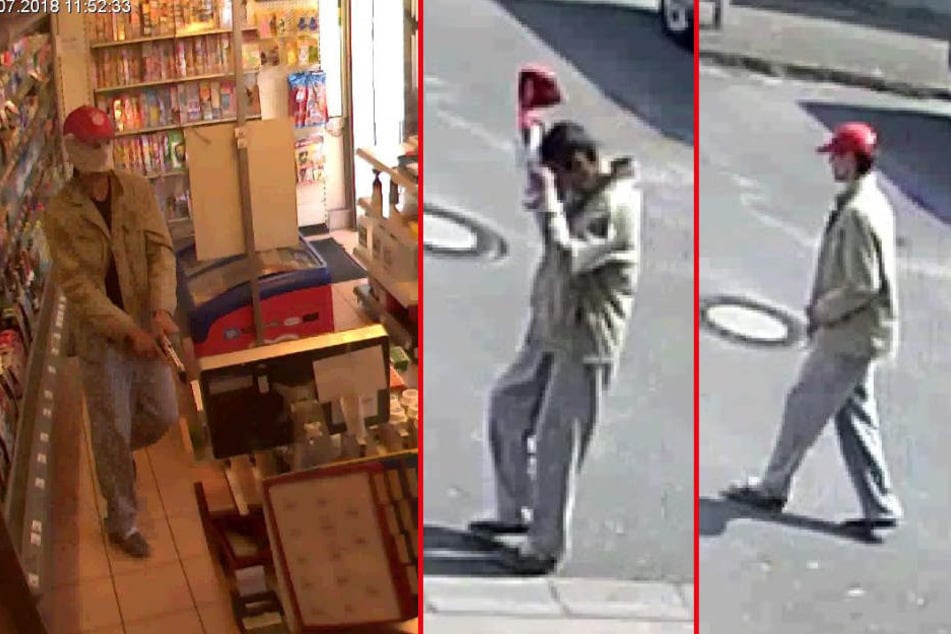 Die Bilder zeigen den Tatverdächtigen in der Tankstelle und kurz vor dem Betreten.